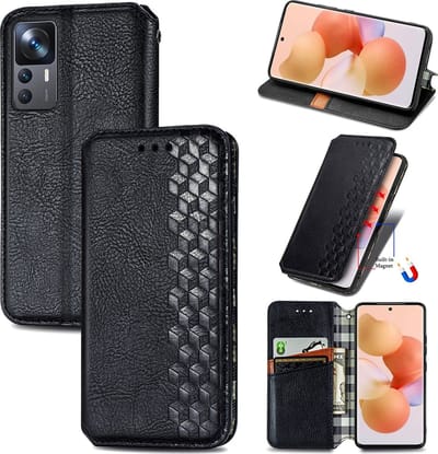 Luxe PU Lederen Ruitpatroon Wallet Case + PMMA Screenprotector voor Xiaomi 12T / 12T Pro _ Zwart