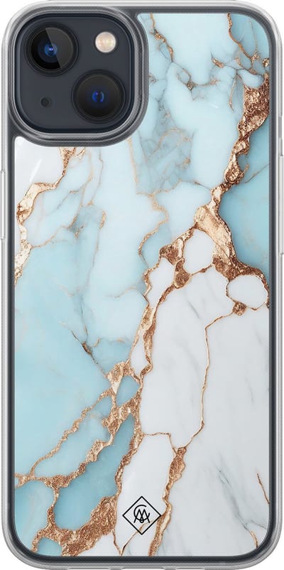 Casimoda® hoesje - Geschikt voor iPhone 13 Mini - Marmer Lichtblauw - 2-in-1 case - Schokbestendig - Marble design - Verhoogde randen - Blauw, Transparant