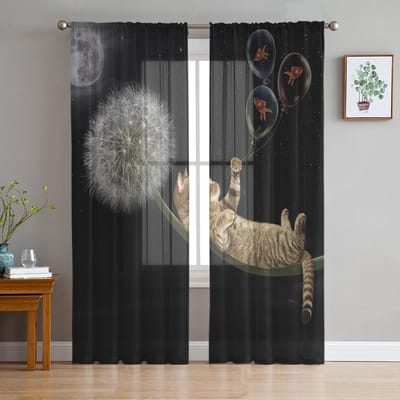Paardenbloem Goudvis Kat Nacht Maan Zwart Transparante Gordijnen voor Woonkamer Decoratie Raamgordijnen Keuken Tule Voile Gordijnen W135 x H115cm x1 gray