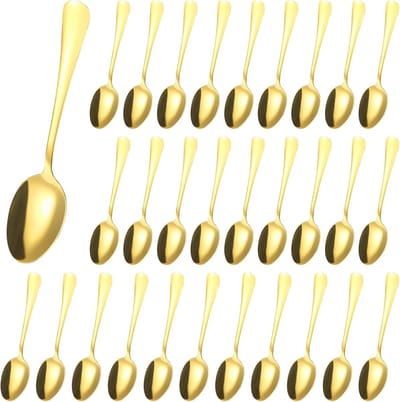 30 stuks roestvrijstalen theelepels, goud, 13,5 cm, dessertlepel, koffielepel, soeplepel, kleine lepel, espressolepel, bestek voor thee, koffie, ijs, dessert, vaatwasmachinebestendig