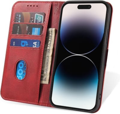 Smartphonica iPhone 14 Pro Max kunstleren hoesje met magnetische sluiting en pashouders book case - Rood geschikt voor iPhone 14 Pro Max