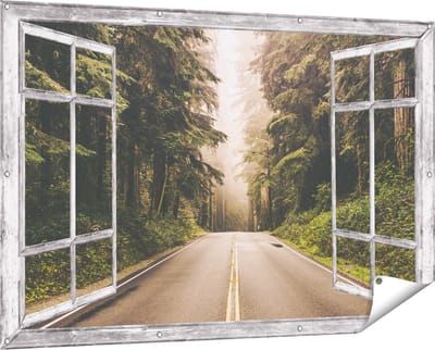 Gards Tuinposter Doorkijk Highway in Californië Omring met Bos - 150x100 cm - Tuindoek - Tuindecoratie - Wanddecoratie buiten - Tuinschilderij