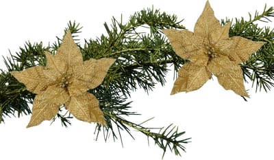 House of Seasons Kerstboom bloemen op clip - 2x stuks - goud - 18 cm - polyester fluweel - kerstornamenten