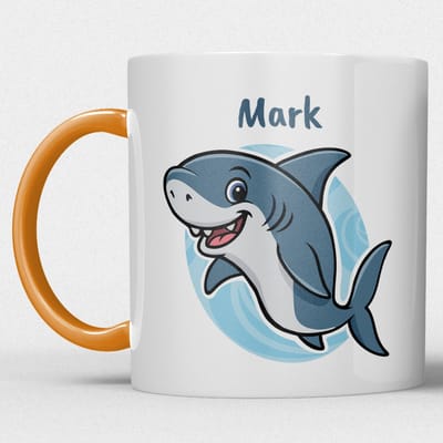 kindermok/kinderbeker | gepersonaliseerd met naam | met haai | oranje | Schattige illustraties