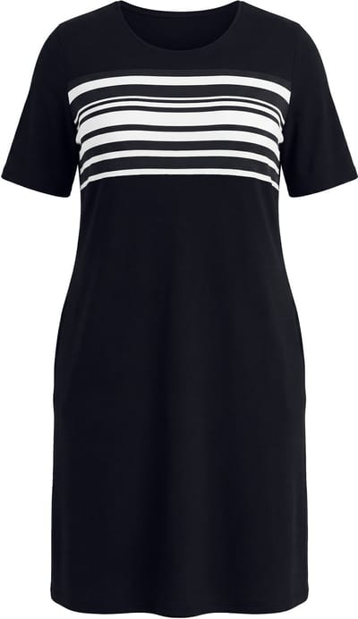 Ulla Popken - Dames - Jersey jurk gestreepte inzet ronde hals korte mouwen - Zwart - Maat 42+