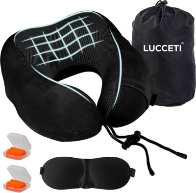 Lucceti - Nekkussen – Premium Nekkussen vliegtuig – Extreem comfortabel nekkussens – Neksteun – Traagschuim – Zwart – Memory Foam – Ergonomisch – Orthopedisch – Vliegtuig / Auto / Thuiswerken