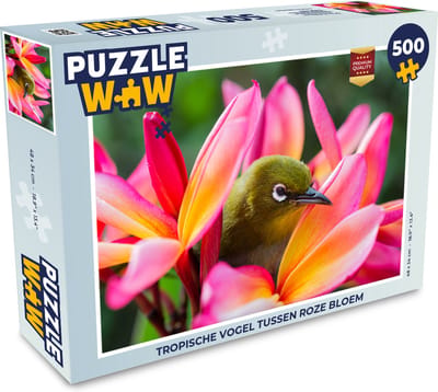 Puzzel Tropische vogel tussen roze bloem - Legpuzzel - Puzzel 500 stukjes