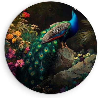 Saammp Muurcirkel Hout - Pauw tussen de gekleurde bloemen - Dieren - Natuur - Ø 90 - Wandcirkel - Wanddecoratie Cirkel - muurdecoratie Woonkamer - Slaapkamer decoratie - Rond Schilderij