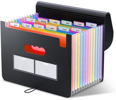 GELLDG Ordneraccessoires - A4 Sortiermappe met 12 Folders - Dokumentenmappe met Gummizug en Sluitknoop - Geschikt voor Kantoor en Onderweg - Duurzaam Plastic - 330x235mm