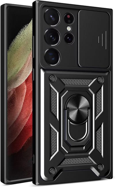 MobyDefend Hoesje - Geschikt voor Samsung Galaxy S23 Ultra - Pantsercase Met Draaibare Ring - Zwart