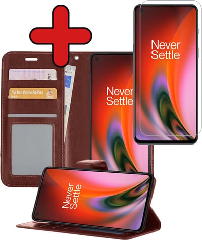 Hoesje - Met Screenprotector - Geschikt voor OnePlus Nord 2 - Luxe Pasjeshouder - Flipcase - Bookcase Portemonee - Flip Case - Kunstleer Book Case - Book Cover - Walletcase - Portemonneehoes - Telefoonhoes - Bruin
