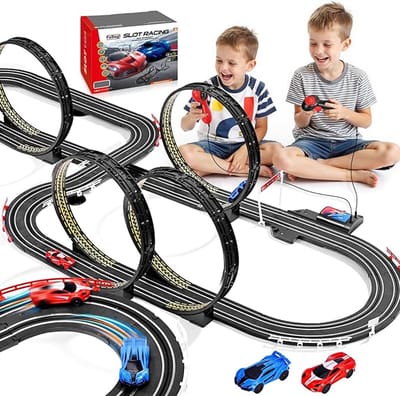 Elektrische Slotracebaan voor Kinderen 7,5M – Racebaan Set met 2 Hogesnelheidsauto’s, Loopings & Rondeteller – Schaal 1:64