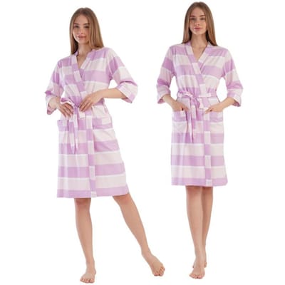Robe de chambre en coton pour femme, à nouer, confortable, avec poches, rayures, Vienetta M white