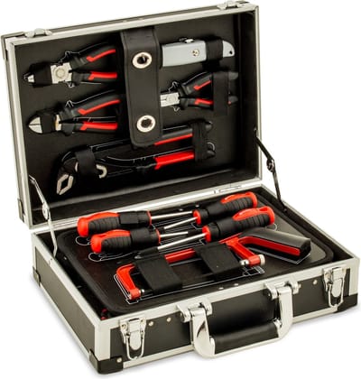 Gereedschapskoffer 82-delig – Compleet & Compact | Ratelsets, Steeksleutels (10–19 mm), Inbussleutels, Tangen, Schroevendraaiers, IJzerzaag, Rolmaat & Meer – Stabiele Koffer & Handgreep