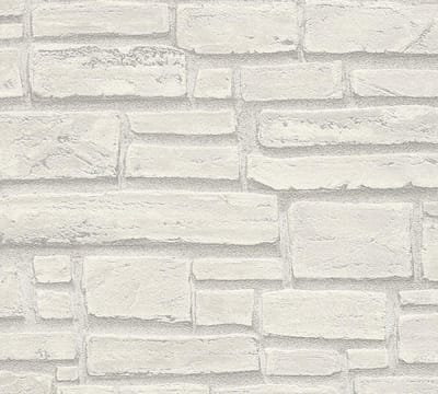 Steen tegel behang Profhome 662316-GU vliesbehang glad met natuur patroon mat wit grijs 5,33 m2