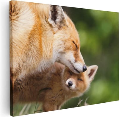 Artaza Canvas Schilderij Vossen - 40x30 cm - Klein - Wanddecoratie Dierenkop - Muurdecoratie Vos Met Jong - Kamer Accessoires