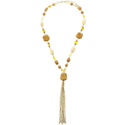 Behave - Lange goudkleurige ketting met beige kralen en lange hanger, 54 cm