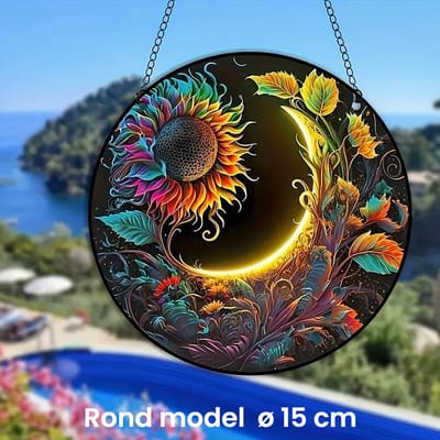Allernieuwste.nl® Raamhanger Raamdecoratie Zonnebloem en Maan - Kleurige Zonnevanger Rond Acryl met Ketting - Natuur - Suncatcher Rond model 15 cm %%