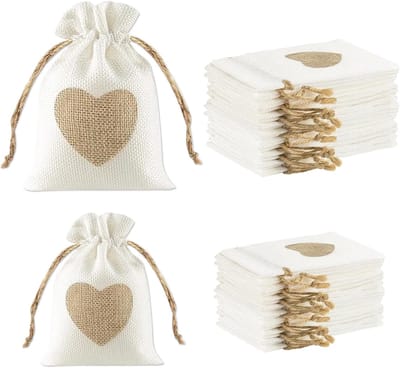 Jute Bags with Heart - Kleine, Herbruikbare, 2 Maten met Trekkoord - 20 Stuks Cadeautassen voor Verjaardag - Bruiloft - Kinderfeestje