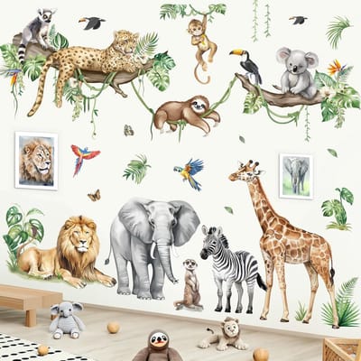 Famanu – Grote Jungle Dieren Boomtak Muurstickers Safari Olifant Giraf Tropische Bladeren Muurstickers Baby Kwekerij Kinderkamer Muur Decor (XXL)