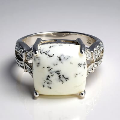 Cavill - Zilveren ring - 925 Sterling Zilver - 6,53 ct dendrieten agaat Braziliaanse antieke cabochon - 16x witte topaas - filigraan design - Maat 17