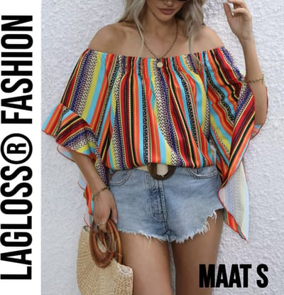LaGloss® Gestreepte Korte Dames Off-Shoulder Blouse Met Ruches – Multicolor – Zomermode – Fashion – Casual – Maat S