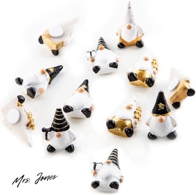 Mrs. Jones 12 kleine kabouters strooidecoratie kerstkabouters zwart wit goud zelfklevend kabouter geschenk grappige tafeldecoratie Kerstmis 4 cm. .