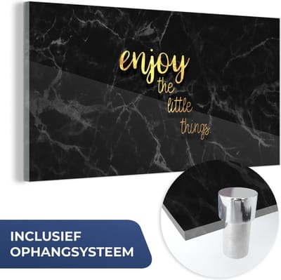 MuchoWow® Glasschilderij 40x20 cm - Schilderij acrylglas - Quotes - Spreuken - Goud - Marmer - Foto op glas - Schilderijen
