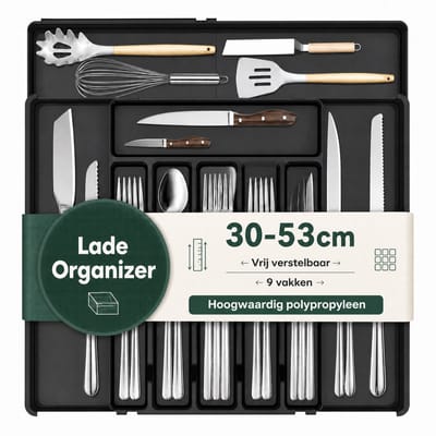 Uitschuifbare Besteklade Organizer met 9 Vakken – Verstelbaar van 30 tot 53 cm – Zwart PP, Vaatwasmachinebestendig – Voor Bestek, Messen, Vorken, Lepels en Kookgerei – Voor Keukenlade, Bureaulade en Gereedschapslade – Compact 34 × 30 cm
