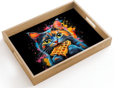 Dienblad hout 40x30 cm - Schootdienblad - Kat - Graffiti - Kleurrijk - Wafel - Eten - Borrelplank rechthoek - Plateau dienbladen