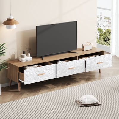 OKWISH TV-kast - TV-meubel Hout met Vintage Witte Textuur - Geschikt voor Woonkamer en Slaapkamer - 150x35x39 cm - Spaanplaat - Wit