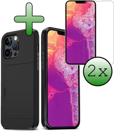 Hoes Geschikt voor iPhone 14 Pro Hoesje Hard Case Met Pas Houder Met 2x Screenprotector - Hoesje Geschikt voor iPhone 14 Pro Hoes Shockproof Hard Cover Met Kaarthouder - Zwart