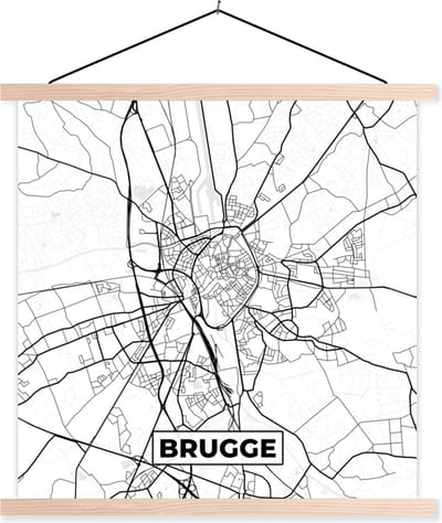 Posterhanger incl. Poster 40x40 cm - Schoolplaat - Zwart Wit – België – Plattegrond – Stadskaart – Kaart – Brugge - Textielposter - Blanke latten - Stadskaart