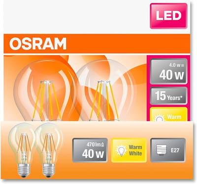 OSRAM LED lamp - Classic A 40 - E27 - filament - helder - 4W - 470 Lumen - warm wit - niet dimbaar - 2 stuks