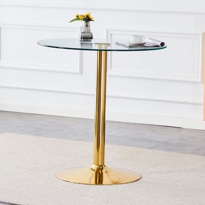 Wishdor - Ronde Bartafel - Gehard Glazen Blad En Stabiele Metalen Voet - Minimalistisch Ontwerp - Voor Bar Of Zithoek - Glas En Metaal - Goudkleurig En Transparant - Tafelblad Diameter 89 Cm - Hoogte 92 Cm