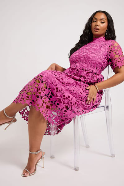 Yours London Midijurk Met Gehaakt Ontwerp In Magenta Roze Size 42
