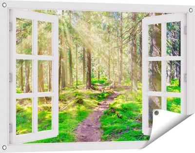 Gards Tuinposter Doorkijk Pad in Bos met Zon tussen de Bomen - 90x60 cm - Tuindoek - Tuindecoratie - Wanddecoratie buiten - Tuinschilderij