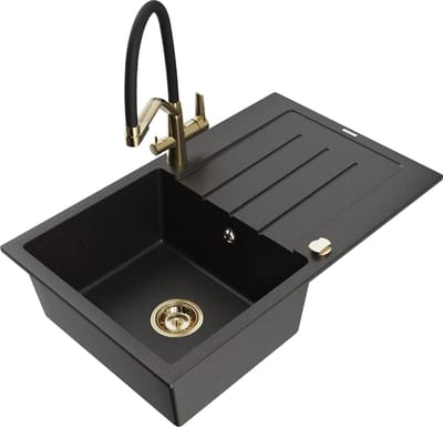 Mexen Bruno granieten spoelbak met 1 bak, afdruiprek en Duo keukenkraan, zwart/gouden metallic - 6513-75-671701-57-G