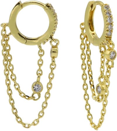 Karma Oorringen Plain Zirconia Hinged Hoops Double Chain 12mm Goud