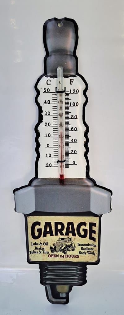 Blikken thermometer HK225 voor binnen of buiten Garage hoogte 38 cm - celsius en fahrenheit - nostalgic vintage art GARAGE Lube en Oil Brakes Tubes en Tires Open 24 hours
