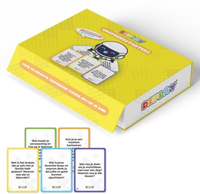 DEPLAY Gesprekskaarten – Kletspot Kinderen – Openhartig praten met je kind – Praatkaarten –Vragen Spel – 50 kaartjes – 5 Thema's – Vanaf 4 jaar