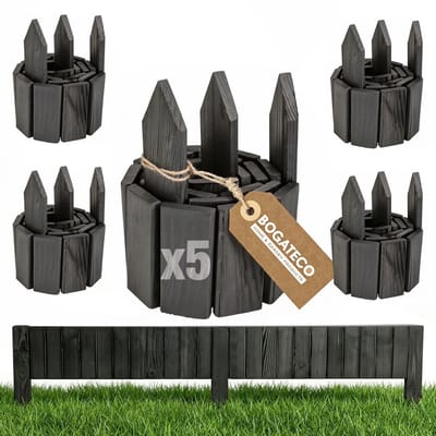 BOGATECO Set van 5 houten rolborders voor bedranden met houten latten | Oprolbaar hekwerk 10 cm hoog en 112 cm lang | Houten hekwerk | Staanders hekwerk Perfect als bedrand of padafscheiding | Antraciet