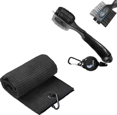 Firsttee  COMBI DEAL - Golfhanddoek (microfiber) & Schoonmaakborstel XXL - INCLUSIEF Ophanghaak - Goed Absorberend  & Snel Drogend - Golf accessoires - Golfset - Club cleaner - Cadeau - Golftrainingsmateriaal - Sport - Training - Tees - Mat - Net