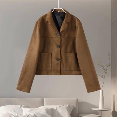 Bruin Suède Kort Damesjack Casual Lange Mouw Enkele Knoop Reverskraag Vrouwenjas Herfst Retro Dames Streetwear S