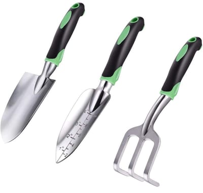 Oneay Tuingereedschapset, 3-delige set: handschepjes van aluminiumlegering, tuintroffels met ergonomische, rubberen antisliphandgreep, inclusief troffel, planttroffel en handcultivatorhark.