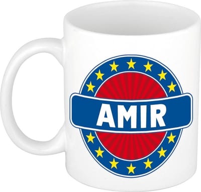 Bellatio Decorations - Amir voornaam - koffiemok - beker - wit/blauw - 300 ml - Cadeau - Heren - Collega - Vaderdag - Verjaardag