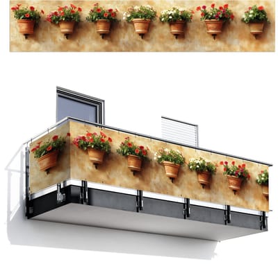 Balkonscherm 500x100 cm - Balkonposter Bloempotten - Muur - Vintage - Balkon scherm decoratie - Balkonschermen - Balkondoek zonnescherm