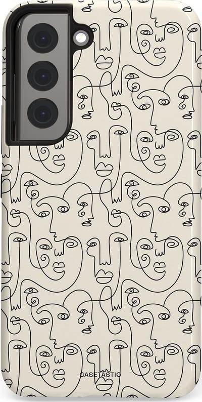 Casetastic hoesje geschikt voor Samsung Galaxy S22 - Dubbellaagse bescherming - Art Deco Creme Abstractie Lijntekening Gezichten - Fashion Case - Zilver Crème Wit
