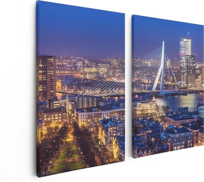 Artaza Canvas Schilderij Tweeluik Rotterdamse Skyline Met De Erasmusbrug  - 80x60 - Foto Op Canvas - Canvas Print