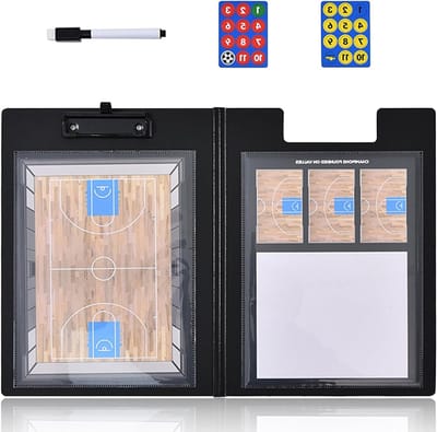 Basketbal coach bord: Onmisbaar hulpmiddel voor het uittekenen van strategieën, spelpatronen en formaties. Dubbelzijdig whiteboard voor trainingen, time-outs en oefensessies. Ideaal voor coaches en teams.